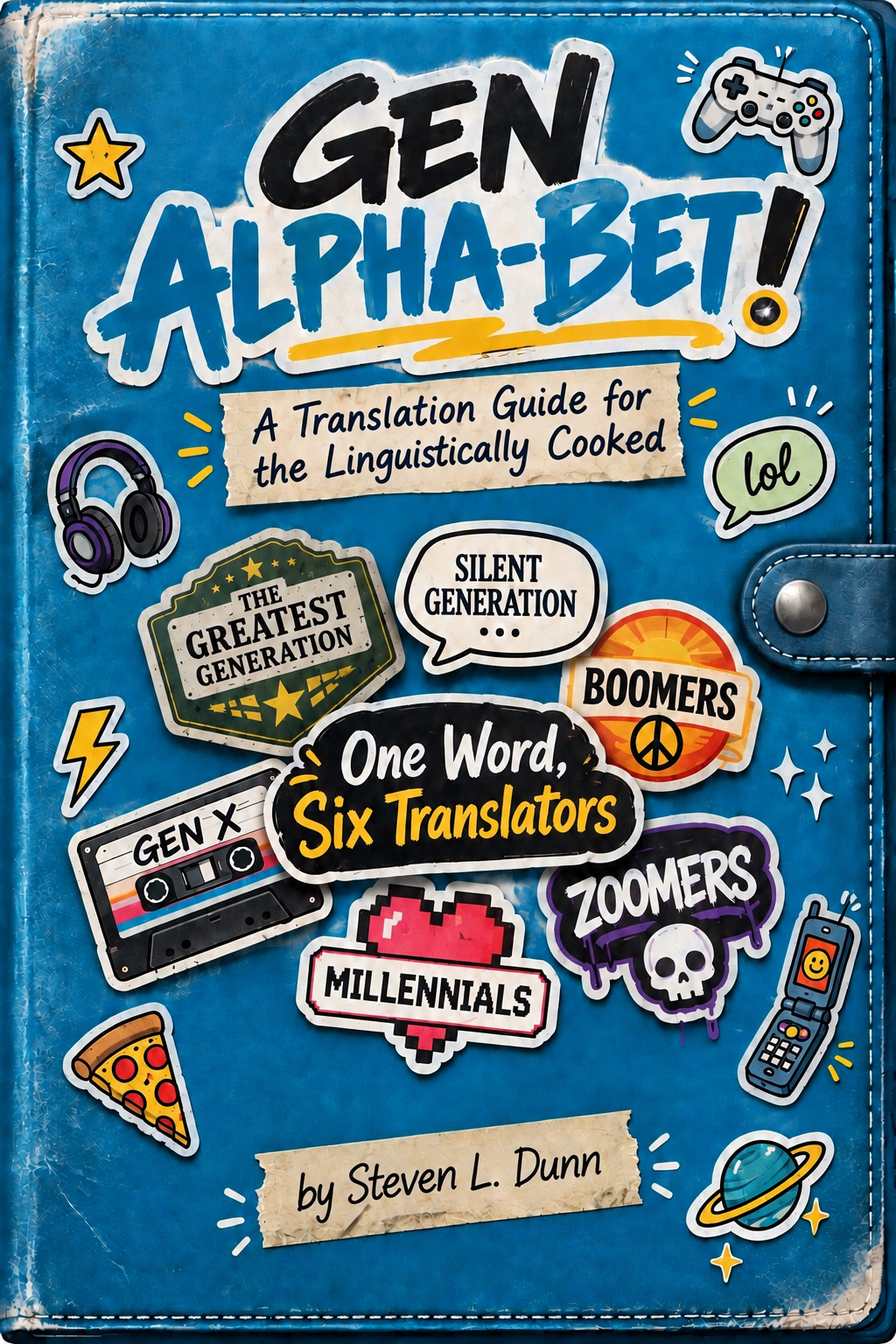Gen Alpha-Bet! book cover: a teal trapper-keeper binder covered in generation stickers